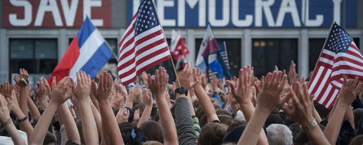 A photo of a large crowd of people with their hands raised in the air. There are multiple flags, including the American flag, being heldup by the crowd. The background contains a building with the words "Save Democracy" written in large letters.