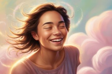 A cinematic medium shot of a woman, with her eyes closed and a smile on her face. She is in the clouds and the lighting is soft.