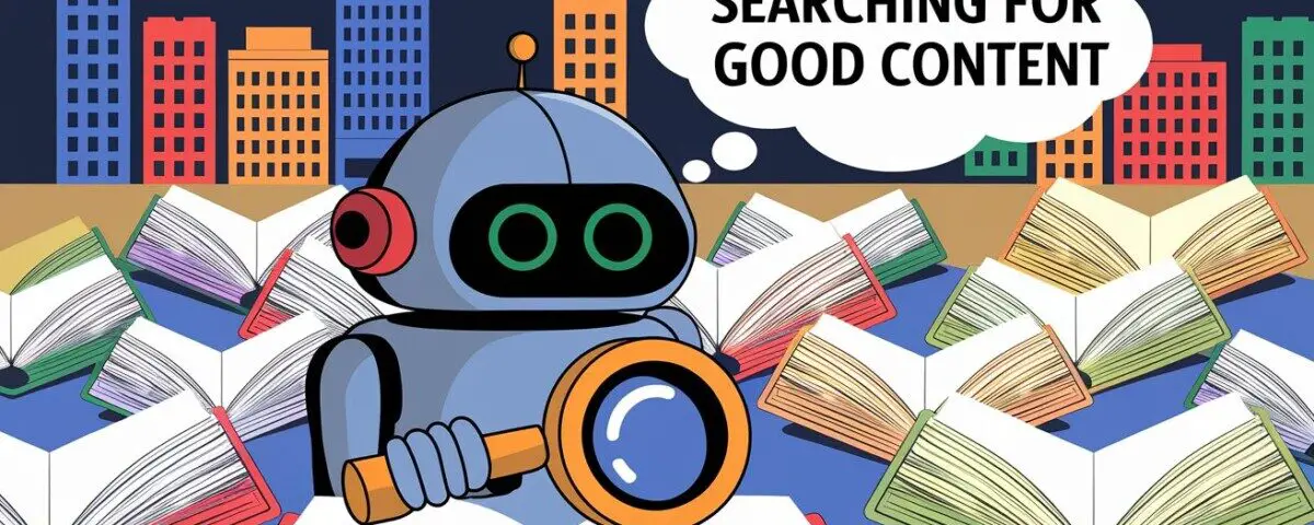 An illustration of Google's algorithm, depicted as a robot with a magnifying glass. The robot is searching through a library of books. Each book contains text that is being indexed. The background contains a cityscape with buildings. There is a thought bubble above the robot's head with the text "Searching for good content".