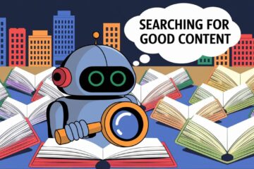 An illustration of Google's algorithm, depicted as a robot with a magnifying glass. The robot is searching through a library of books. Each book contains text that is being indexed. The background contains a cityscape with buildings. There is a thought bubble above the robot's head with the text "Searching for good content".