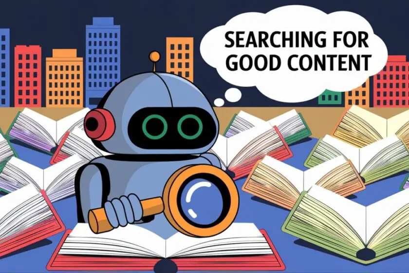 An illustration of Google's algorithm, depicted as a robot with a magnifying glass. The robot is searching through a library of books. Each book contains text that is being indexed. The background contains a cityscape with buildings. There is a thought bubble above the robot's head with the text "Searching for good content".