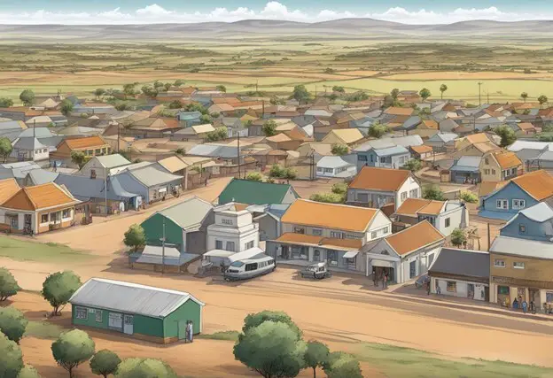 Aerial view of Orania town with farmland and mountains in the background