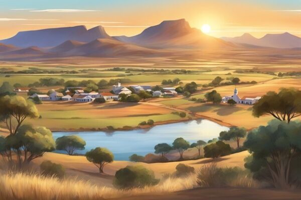 Beautiful sunrise image of an oasis bordering a small housing settlement with the sun peaking through the background mountains