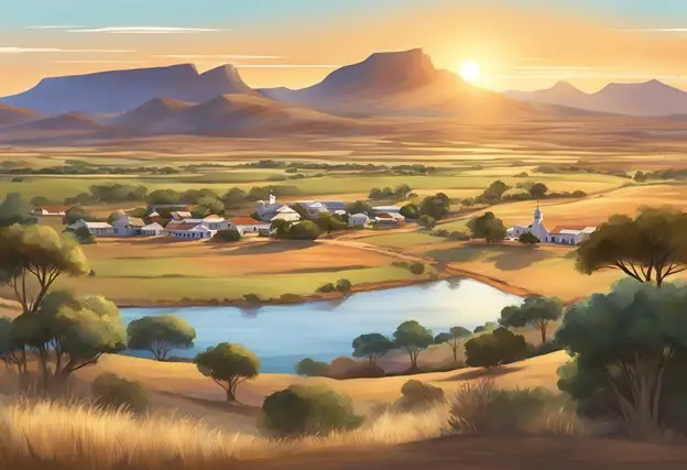 Beautiful sunrise image of an oasis bordering a small housing settlement with the sun peaking through the background mountains